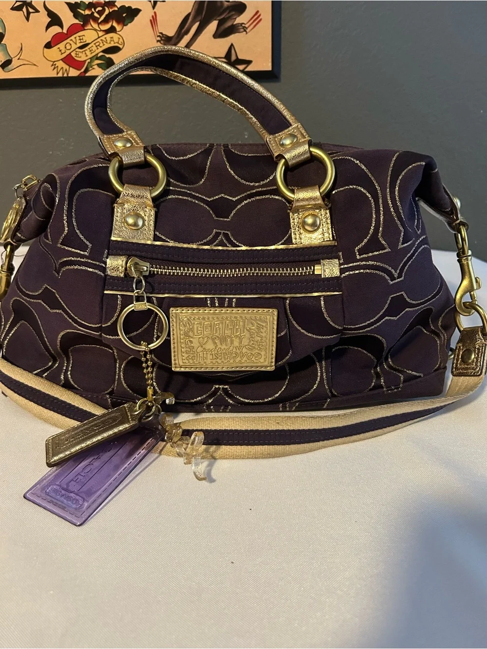 Coach Poppy Purple and Gold Metallic Signature Satchel - Picture 1 of 7